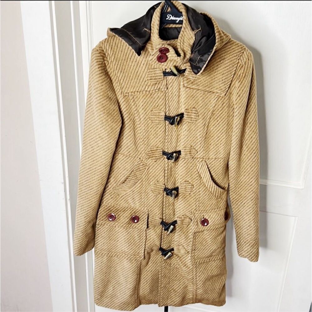Stussy Brown Corduroy Wool Hooded Pea Coat Size Small Toggle Buttons Vintage Wom